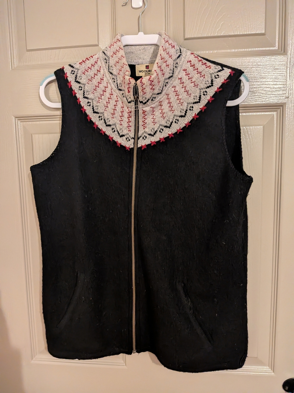 Woolrich Black Wool Vest with Fair Isle Collar Nordic Wool Holidays Fall Large